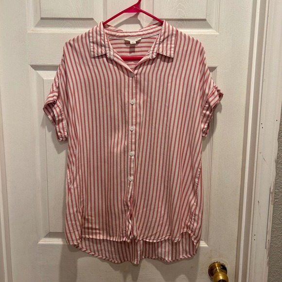 beachlunchlounge Tops - Beachlunchlounge Red White Striped Button Down Short Sleeve Shirt Women Medium